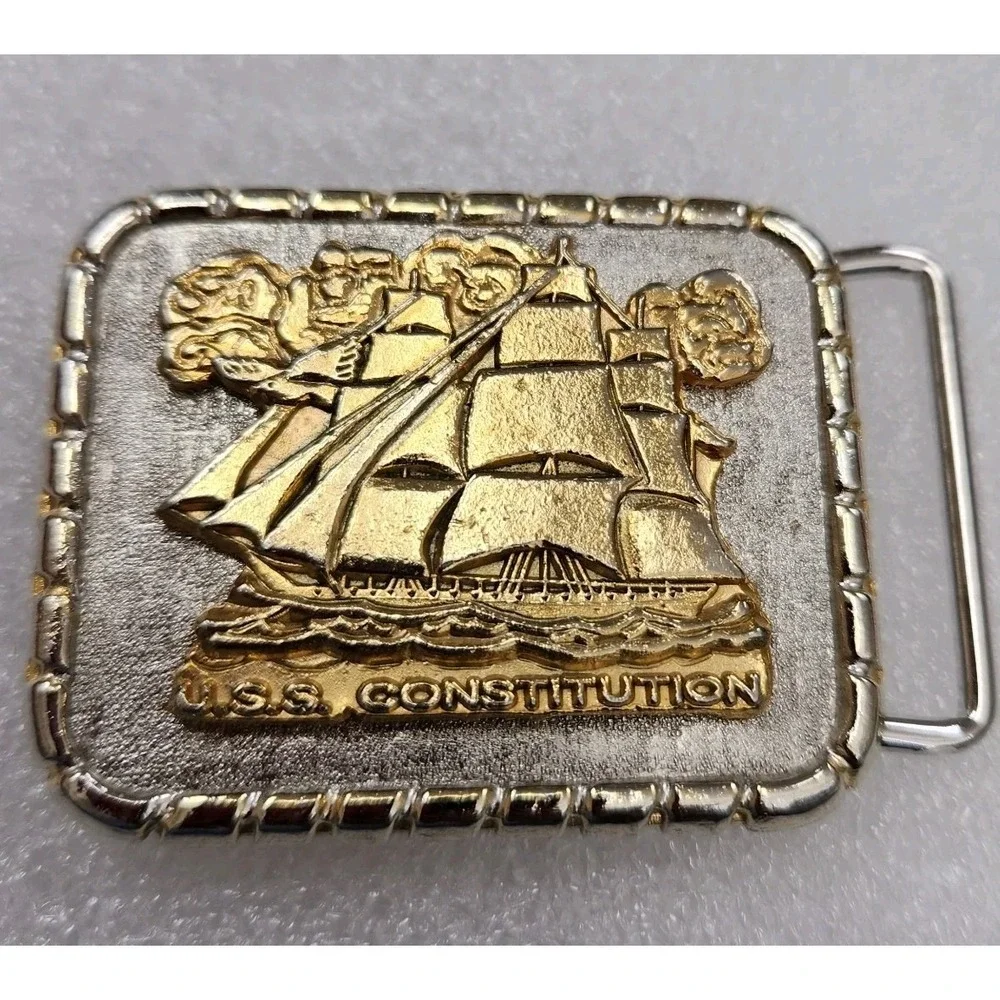USS Constitution Ship Sailing Vintage Belt Buckle 2.25 X 1.75 With Signs Of Wear